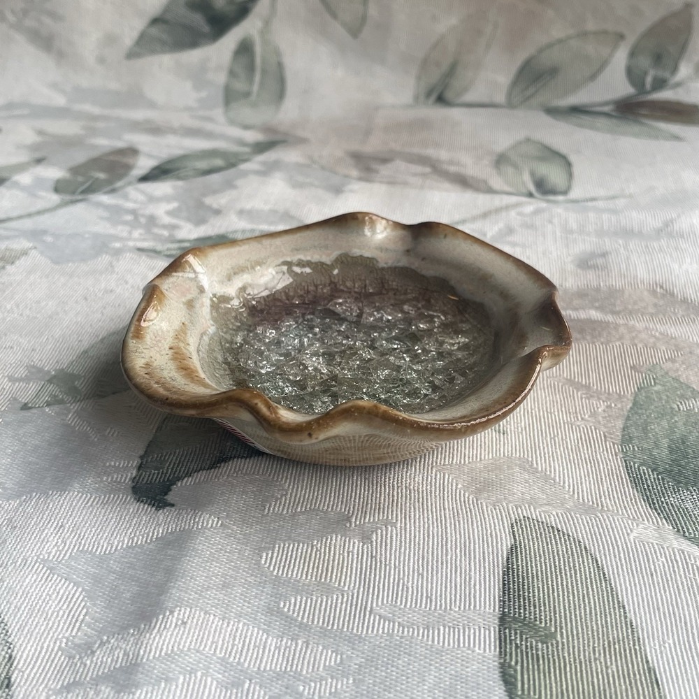 Handmade Studio Pottery Trinket Dish Melted Crackle Glass Ash Tray Scalloped 4"